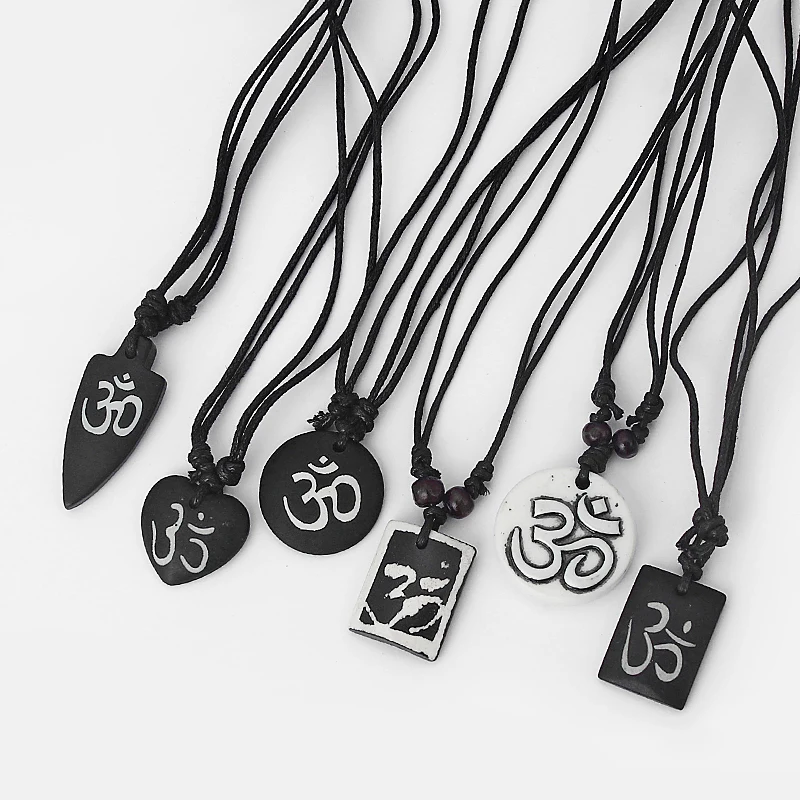 

Wholesales Black Faux Yak Bone Necklace Carving OM AUM YOGA Charms Pendant Necklace Resin Jewelry
