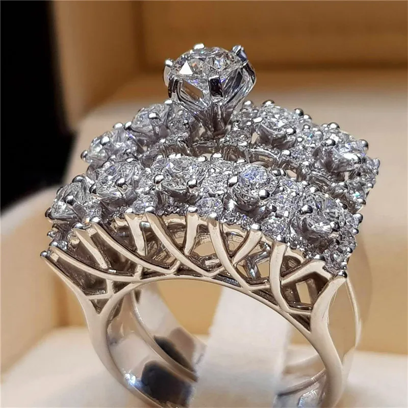 JUNXIN Female Engagement Wedding Ring Sets For Women 925 Silver Filled Round White Crystal Crown Ring Bridal Zircon Jewelry Gift
