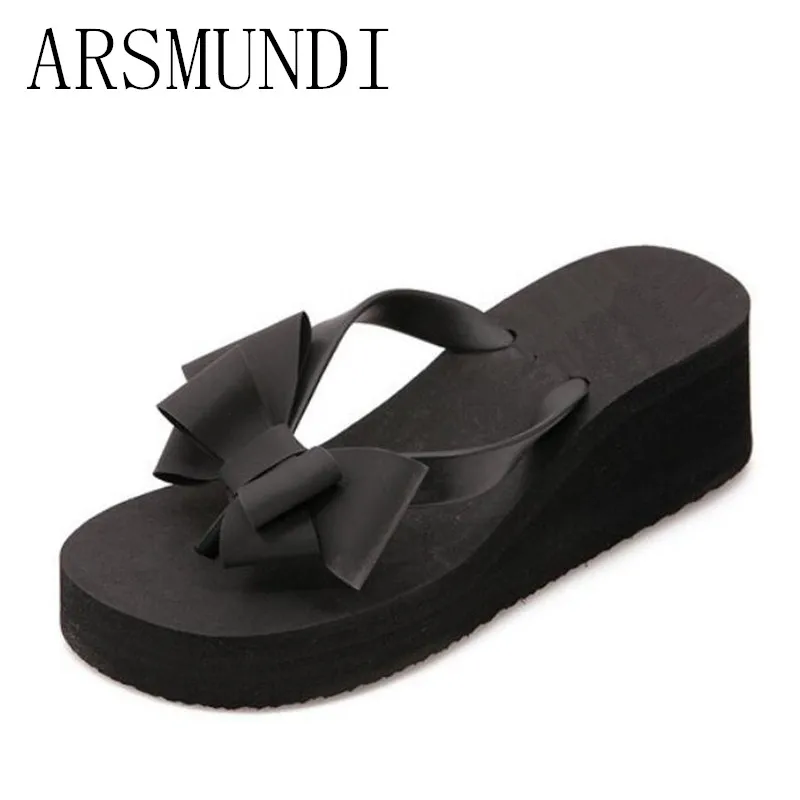 

ARSMUNDI 2018 New Summer Fashion Bow Slippers Female Flip flop Comfortable Thick crust High-heeled Sandals Cool slippers L133