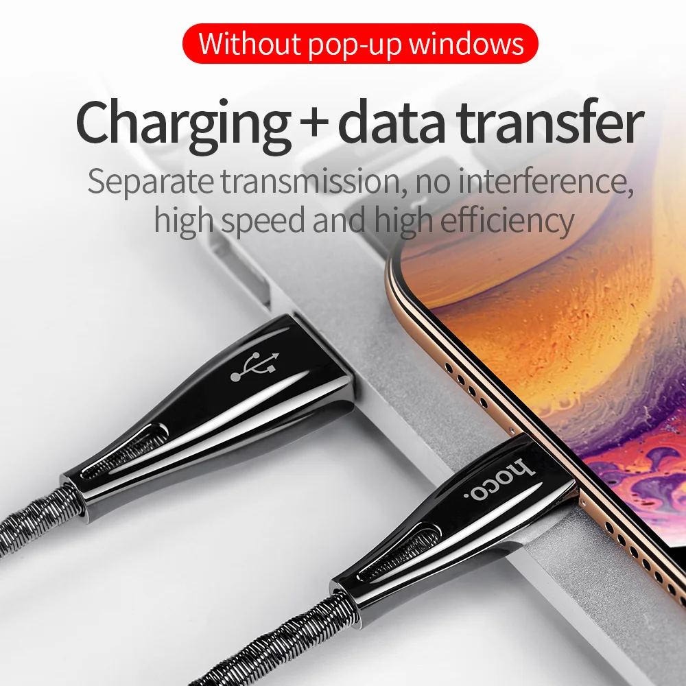 HOCO U56 стальная внешняя крышка USB для Lightning зарядный кабель металлический пружинный USB кабель для быстрой зарядки и синхронизации данных для iPhone X XS 8