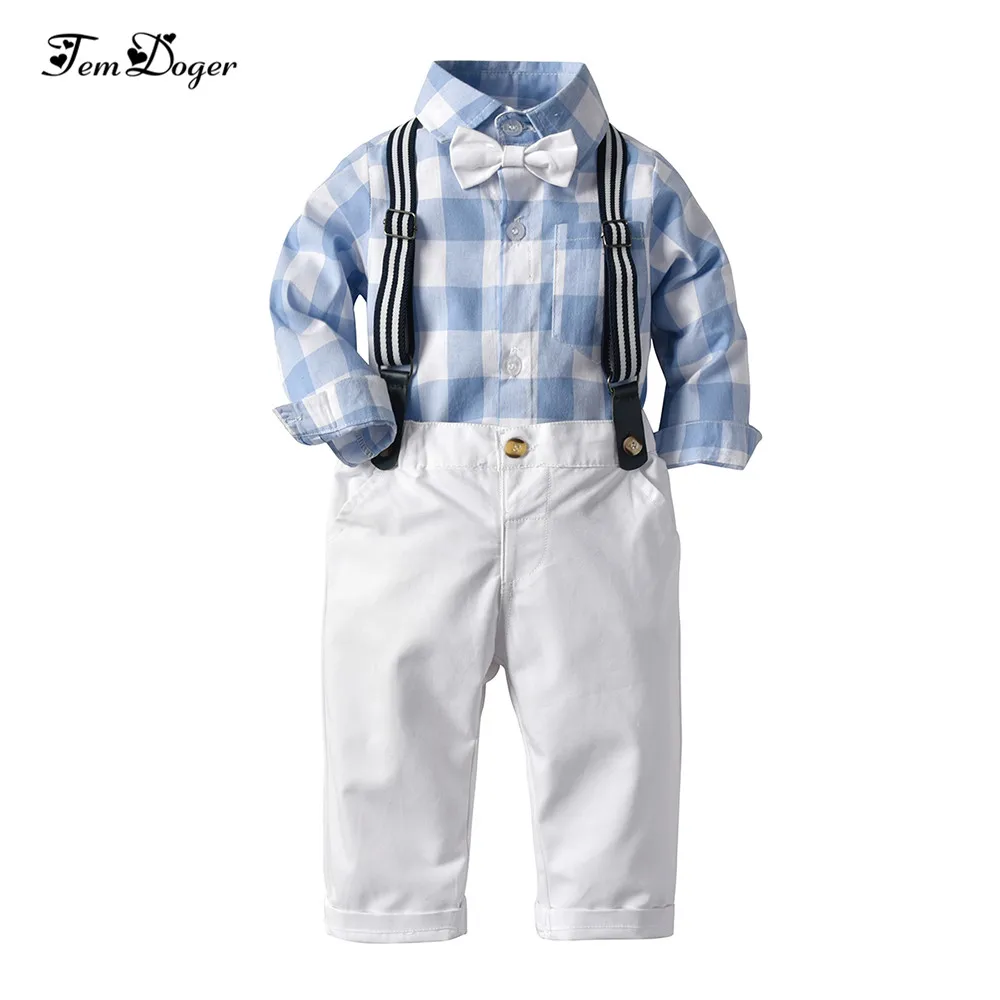 

Tem Doger Boy Clothing Sets Toddler Kids Boys Clothes Long Sleeve Plaid Shirt+Overalls 2PCS Outfit Children Bebes Gentleman suit