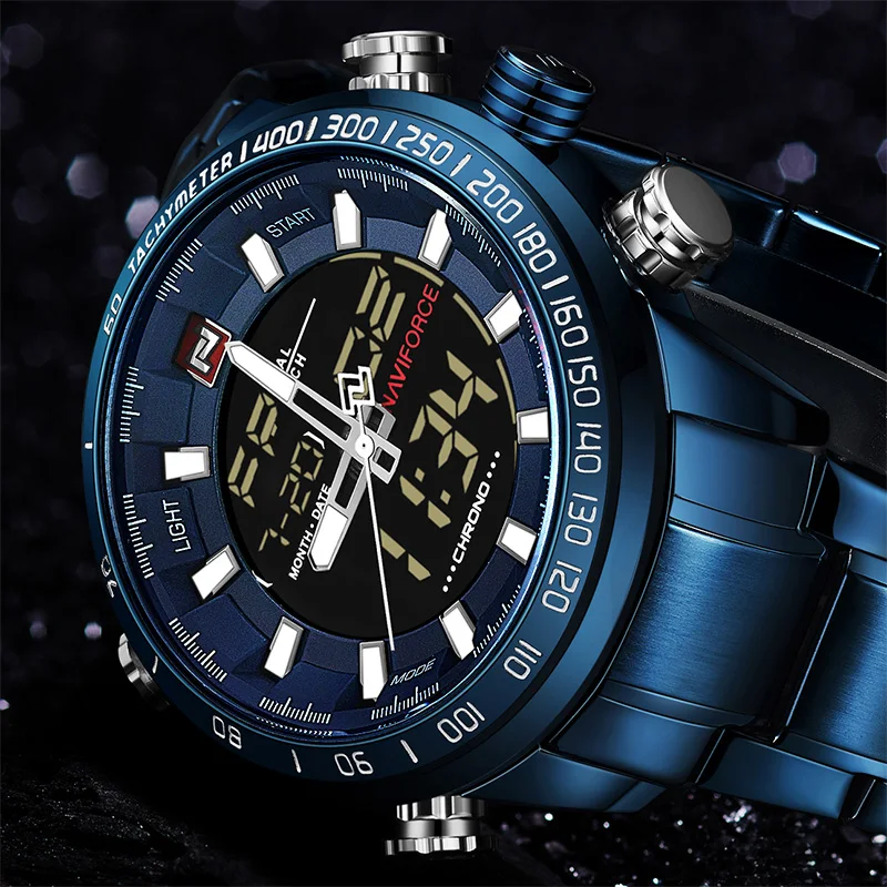 En Ligne NAVIFORCE 9093 Chrono Sport Montre de Luxe Hommes Marque Militaire Étanche EL Rétro Éclairage Numérique Poignet montres Hommes Chronomètre Horloge