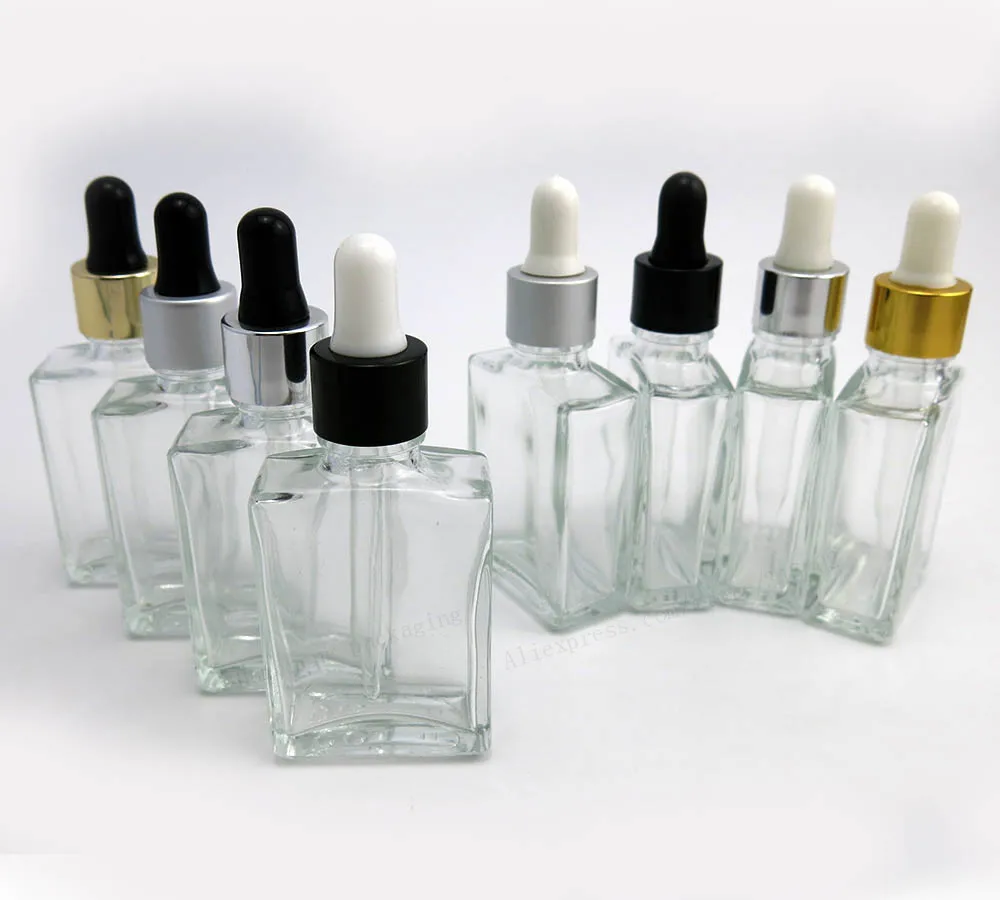30ml Prázdné Clear Square skleněné láhve Oční kapátko Aromaterapie Parfém 1oz Transparentní skleněné lahvičky 200ks