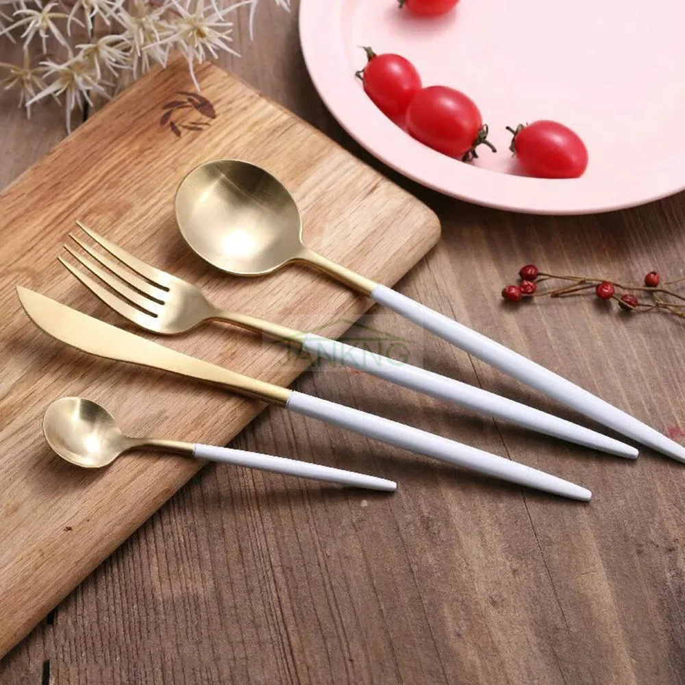Jankng 4 Pcs Lot White Handle Gold Stainless Steel Dinner Set Luxury Jankng 4 Pcs Lot White Handle Gold Stainless Steel Dinner Set Luxury Cutlery Matte Knife Fork Teaspoon Dinnerware Tableware In Sets From Home