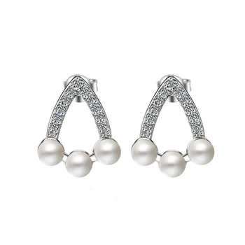 

925 Sterling Silver Shiny Zircon Pearl Fashion Design Stud Earrings for Women Gift Wholesale Jewelry 2017 New Hot Sale Earrings