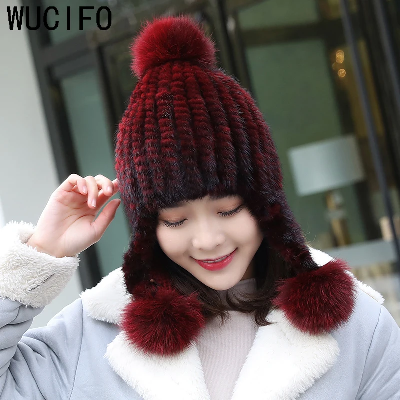 

Wucifo New brand cap Hot sale knitted beanie cap with thicker mink warm winter hats for women outdoor pom pop ski fur caps