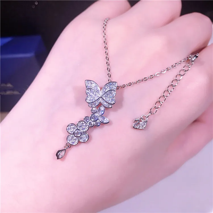 

Kainier S925 Sterling Silver Butterfly Flower Necklace Micro Mosaic 5A+ Carbon Zircon Fine Clavicle Neck Necklace For Women