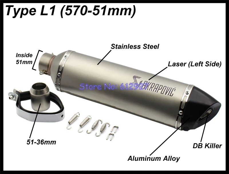 MM 370/470/570mm entrada 51mm 61mm lado izquierdo láser Akrapovic motocicleta Escape silenciador de Escape con DB Killer