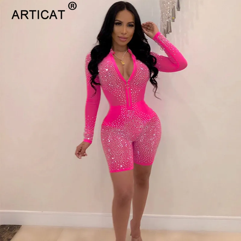 

Articat Diamonds Patchwork Sheer Mesh Jumpsuit Women Sexy Zipper V Neck Long Sleeve Shorts Romper See Through Party Playsuit