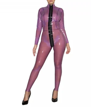 

Transparent Purple Tight Latex Catsuit Sexy Latex Bodysuit Front Zip Trought Crotch