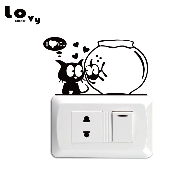 

Cat And Fish Aquarium Switch Sticker Funny Cartoon Cat Vinyl Wall Sticker for Bedroom Home Decor SW0208