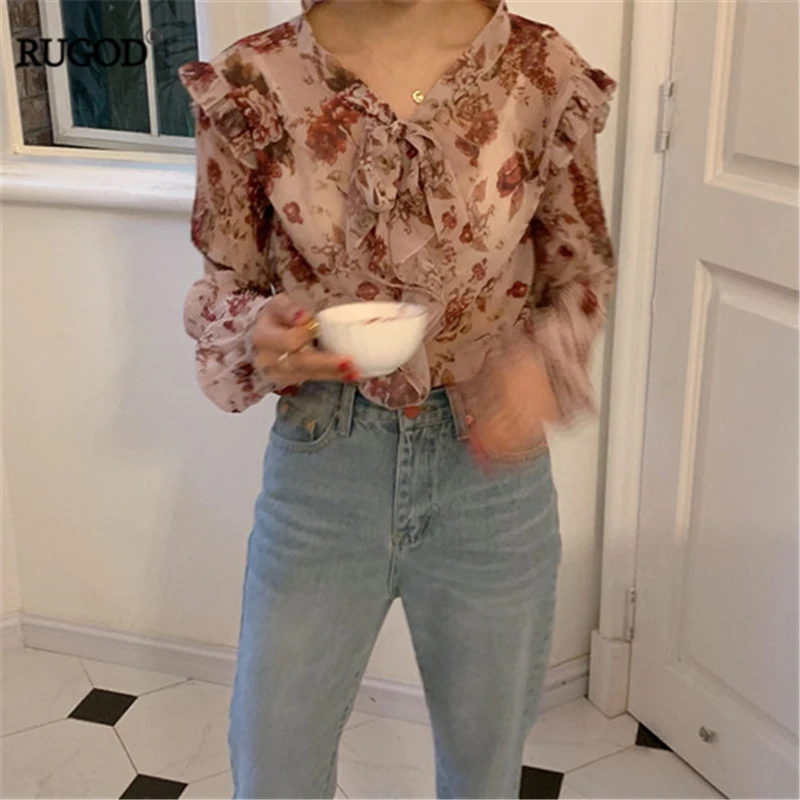 

RUGOD 2019 Spring Women Shirt Bow Collar Floral Chiffon Female Blouse Long Sleeves Lantern Sleeves Pleated Modis Mujer Tops