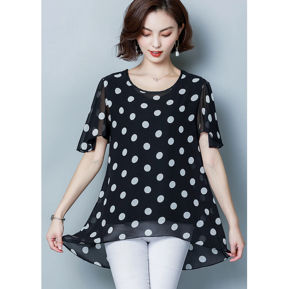 Spring and summer new style Women's large size XL-5XL short sleeve blouses Temperament wave chiffon shirt