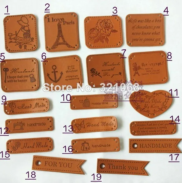 

38PCS Assorted 19design Zakka DIY Embossed Handmade PU leather labels/patches, for for Tailor Craft Bag purse