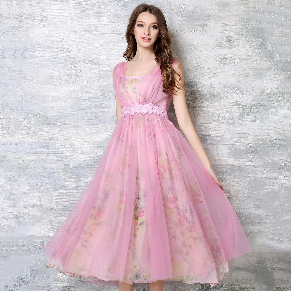 Ladies Pink Elegant Dress Women Printed Chiffon Spaghetti Strap ...