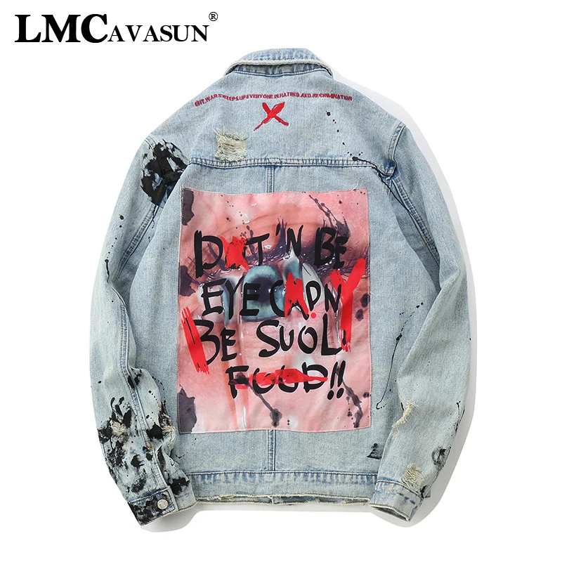 

LMCAVASUN woman Graffiti Denim Jackets Streetwear 2019 Hip Hop Casual Patchwork Ripped Distressed Punk Rock Jeans Coats Outwear