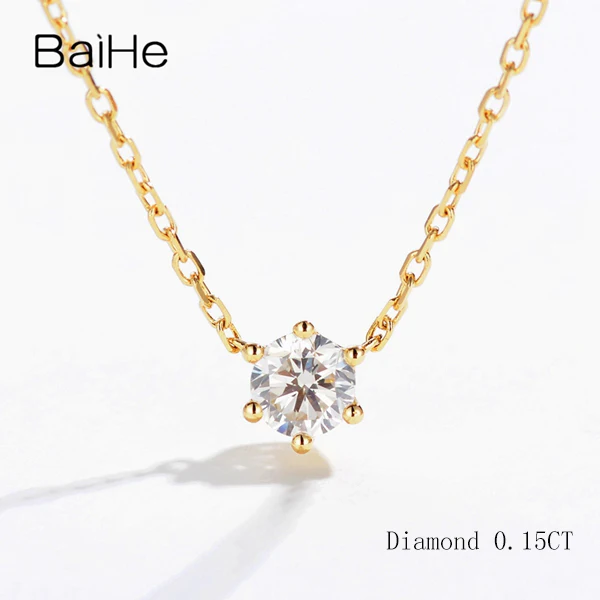 BAIHE Solid 18K желтого золота 0.10CT Сертифицированный H/SI натуральный алмаз помолвка женские модные ювелирные изделия ожерелья - Цвет камня: BN056-2