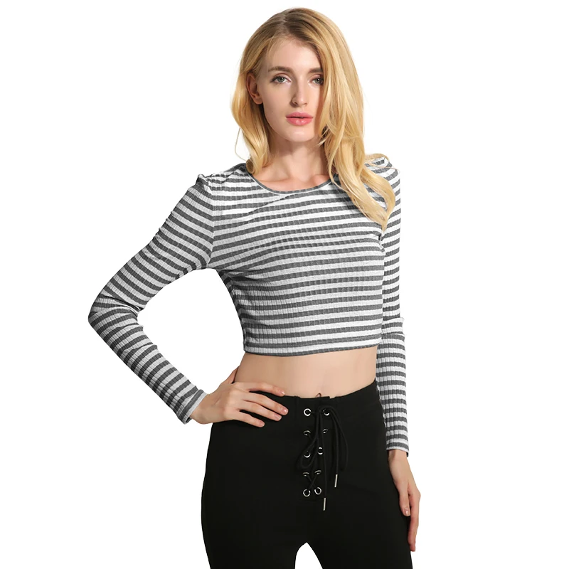Sexy Crop Top Women Long Sleeve Knitted Striped Cotton Tshirt Punk Cropped Tops Ladies Retro Preppy T-shirt Pink Tee Shirt Femme