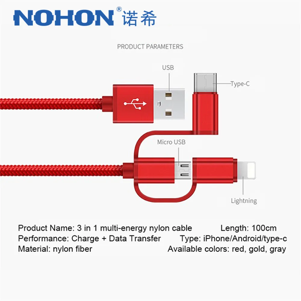 NOHON 3 в 1 Lighting Micro usb type C зарядный кабель для iPhone X 8 7 кабель для быстрой зарядки USB для Oneplus 5 samsung Galaxy S8