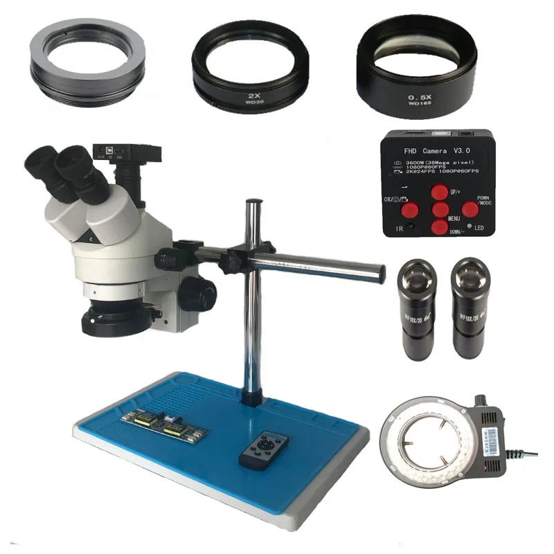 

Dual arm single support stand 3.5X-90X Simul-focal Trinocular Stereo Microscope 36MP HDMI soldering USB Microscopio Camera