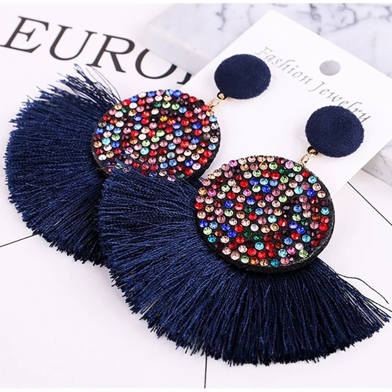 

Bohemian Color tassel big earrings luxury temperament shiny rhinestone earrings ethnic style exaggerated jewelry for women gift