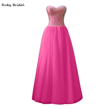 

Ruby Bridal Vestido De Festa Long A-line Prom Dresses Rose Red Tulle Beaded Luxury Strapless SweetheartParty Evening Gown KP06
