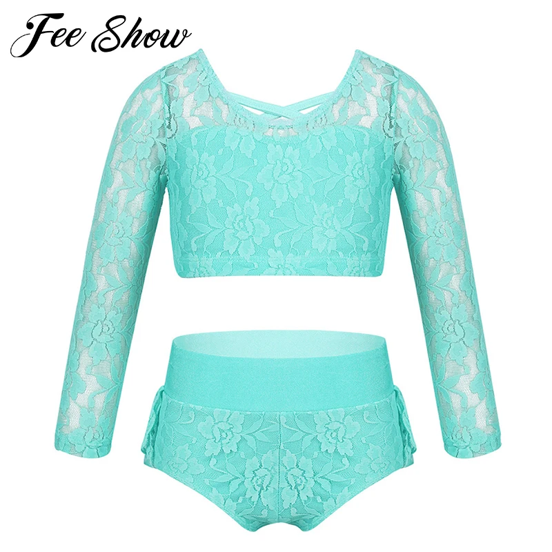 

Kids Girls Two-Piece Dancewear Outfit Lace Criss Cross Back Crop Top with ruffled Briefs Set for Dancing Stage Performance