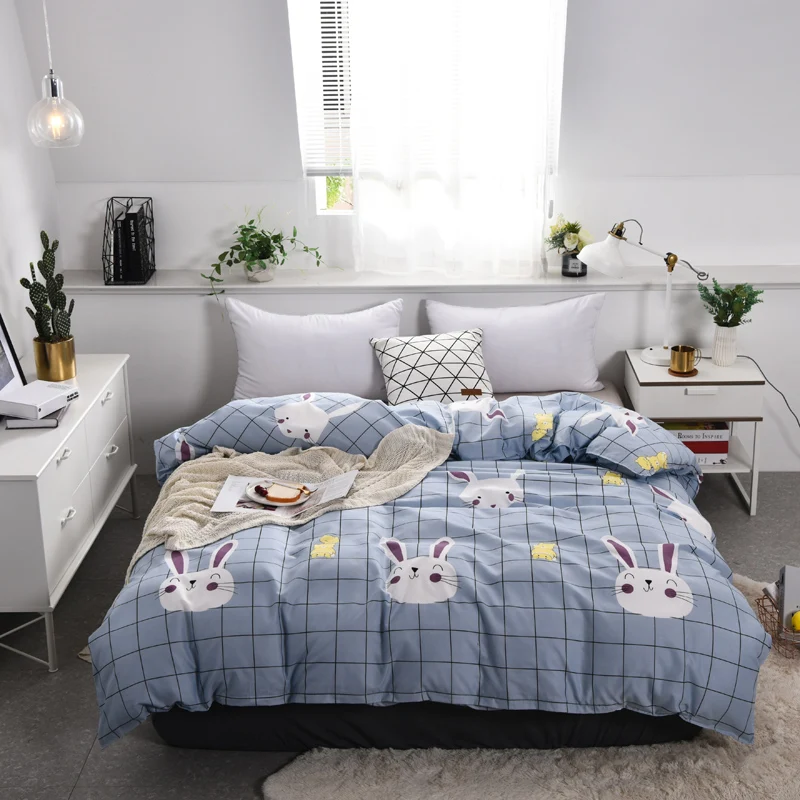 1pc Carton King Size Plaid Rabbit Duvet Cover With Zipper Children