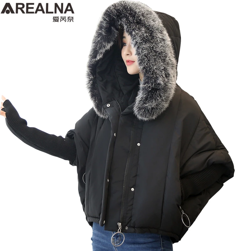 

2017 Winter Especially Bat Sleeve Parkas Coats Patchwork Knit Sleeve Korean Loose Hooded Warm Down Jacket With Large fur collar