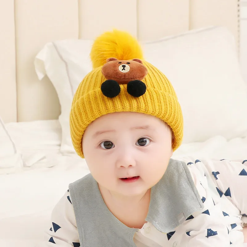 Детская зимняя шапка для девочек, вязаная шапка с помпонами для маленьких мальчиков и девочек, Шапка-бини, плотная детская шапка, вязаная шапка для малышей - Цвет: Цвет: желтый