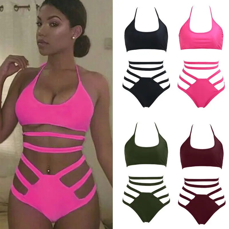 sexy Women solid color Bandage halter Push-up Padded Bra Triangle Bikini Set Swimsuit Swimwear Bathing suit beachwear biquini | Спорт и