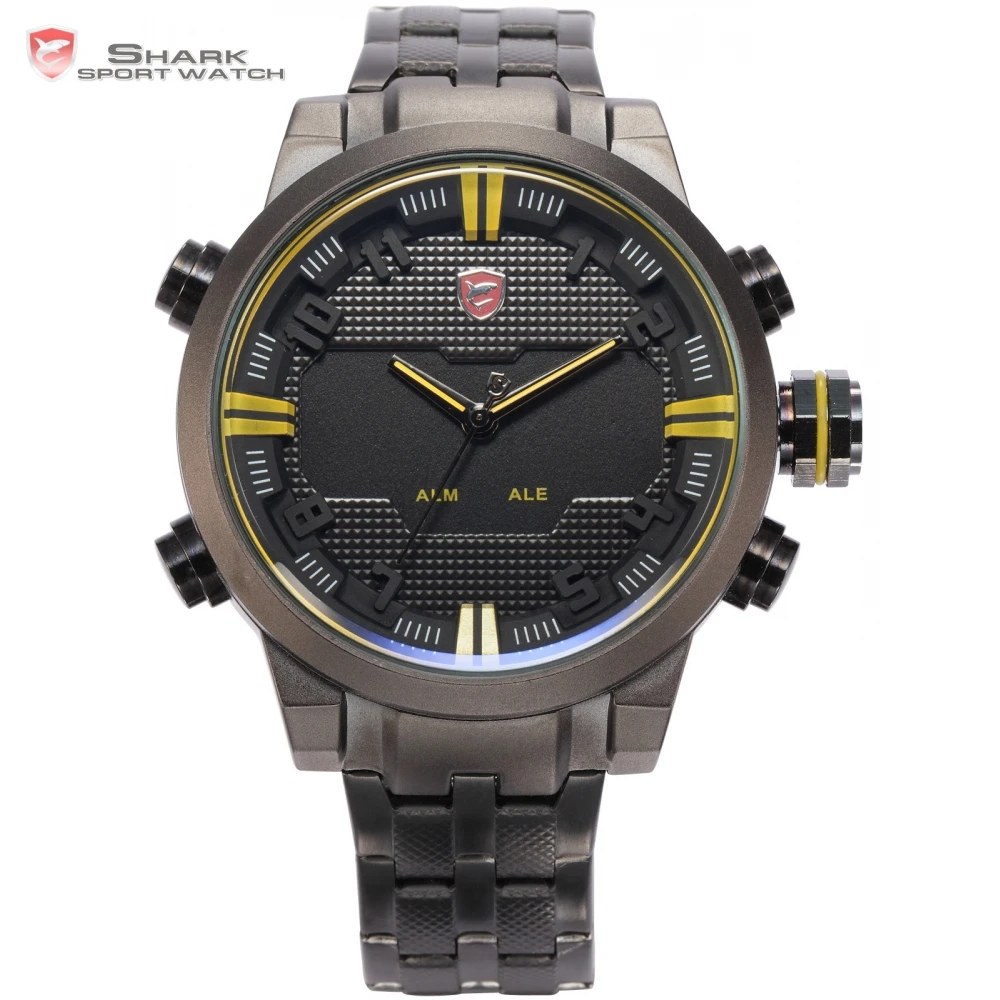 

Sawback Angel SHARK Sport Watch Dual Time Zone Digital LED Relogio Date Alarm Mens Steel Band Quartz Military Wristwatch / SH198