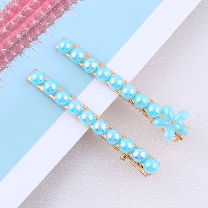 2pcs/set Pearl Flower Hair Clips Alligator Duckbill Long Hairpins Barrettes Candy Rainbow Color Hair Accessories for Women Girls - Цвет: Flower-Blue