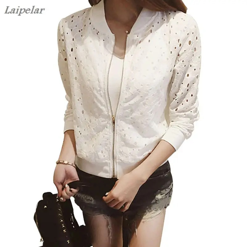 

Laipelar Women's Summer Thin Jacket Lace Long Sleeve Sunscreen Women Clothing Hollow Out Breathable Bomber Jacket Black White