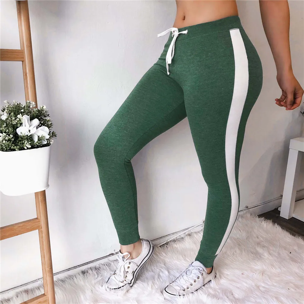 

Army Green Tape Side Sporty Leggings Women High Waist Drawstring Long Pants 2018 Spring Active Workout Leggings