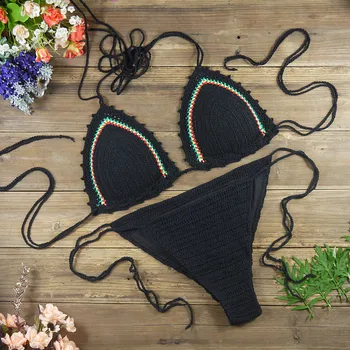 

Classic Handmade Crochet Rasta Colored Bikini Sets - Beach Resort Spa Women Swimwear Sexy swimsuit Lined trunks