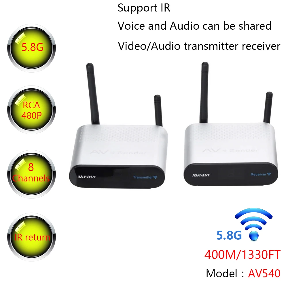 MEASY AV540 AV RCA Sender 5.8GHz 8 Channel 400m/1330FT Wireless Audio Video Transmitter and Receiver with IR Remote Control