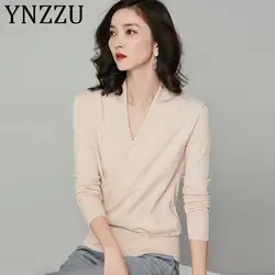 YNZZU корейский стиль Твердые Трикотажные топы женские 2019 осень V шеи кимоно белые женские свитера элегантный женский пуловер Джемпер AT298