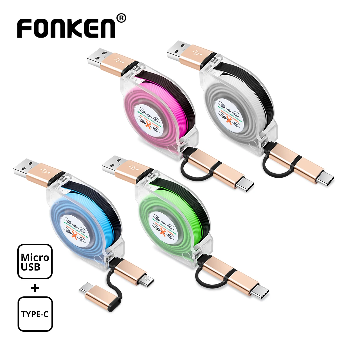 FONKEN 2 في 1 USB كابل مايكرو USB نوع C الهاتف كابل قابل للسحب البسيطة نوع-C سريع شحن الحبل نقل البيانات المحمول الكابلات FONKEN 2 في 1 USB كابل مايكرو USB نوع C الهاتف كابل قابل للسحب البسيطة نوع-C سريع شحن الحبل نقل البيانات المحمول الكابلات