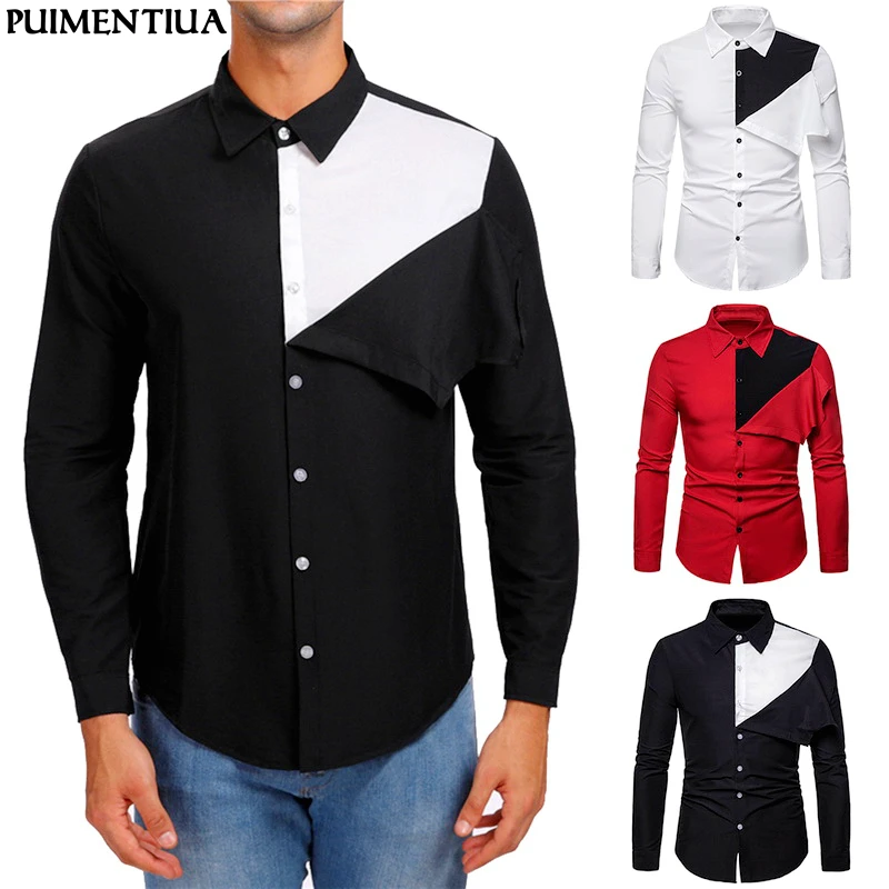 

Puimentiua 2019 Spring Men Casual Shirts Patchwork Fitness Shirt Long Sleeve Button Down Homme Fashion Party Shirt Elastic Tops