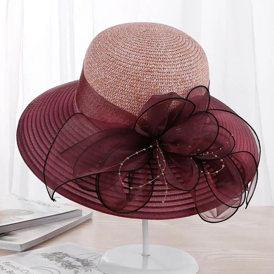 Новые Элегантные шляпы с широкими полями из органзы с цветами женские шляпы от солнца Кентукки Дерби свадебное платье дискеты летние шляпы для женщин
