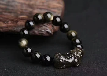 

12mm Natural Gold Obsidian Gemstone Bracelet Pi Xiu Pendant Round Beads Stretch Bracelets Man Lady Best Gift AAAAA