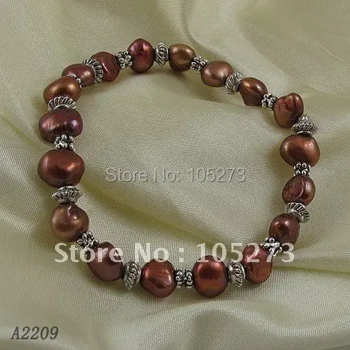 

Wholesale Elegant pearl bracelet AA 7-8MM Brown color Genuine fresh water pearl & silver beads Elastic bracelet A2209