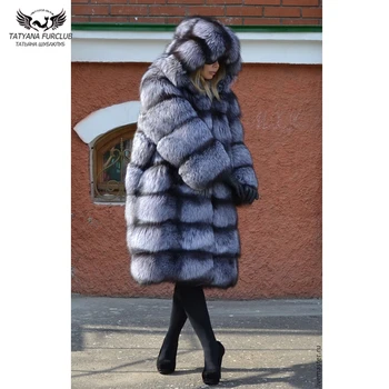 

Tatyana Furclub Luxury Winter Real Fox Fur Coat Women Natural Silver Fox Fur Jacket With Hood Fashion 100cm Long Thick Warm ReaL