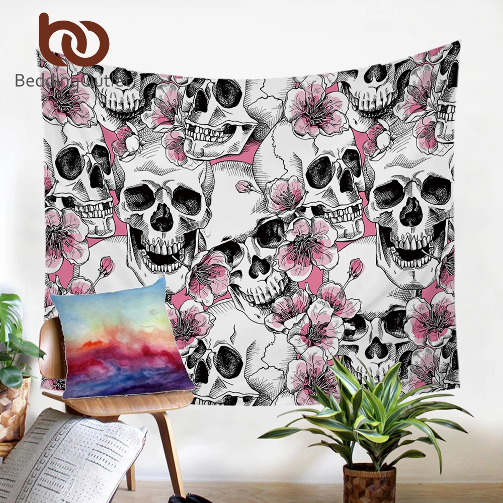 

BeddingOutlet Sugar Skull Tapestry Cherry Blossoms Decorative Wall Hanging For Home Bed Sheet Pink Floral Bedspreads Picnic Mat