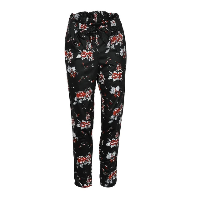 Summer Women Pants Floral Printed High Waist Bandage Girl Casual Trousers FS99