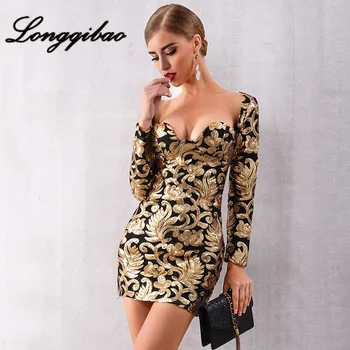 

Longqibao 2019 Autumn and Winter Women's Celebrity Party Dress Elegant Sexy Long-sleeved Sequins Deep V Gold Mini Dress
