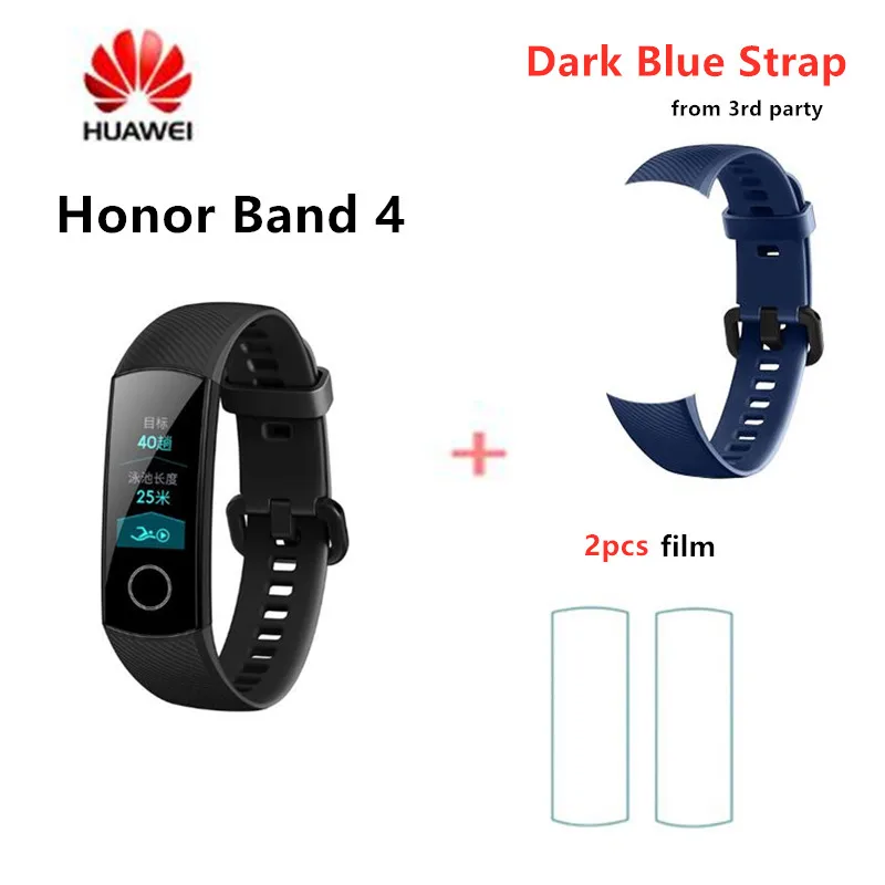 Оригинальные Смарт-часы huawei Honor Band 4, браслет Touchscree Amoled, цветной, 0,95 дюймов, Водонепроницаемый Фитнес-браслет, монитор сердечного ритма - Цвет: add dark blue strap