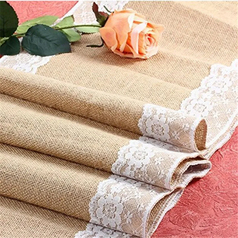 (30x245cm) 12" x 96" Burlap Lace Hessian Table Runner Jute Country