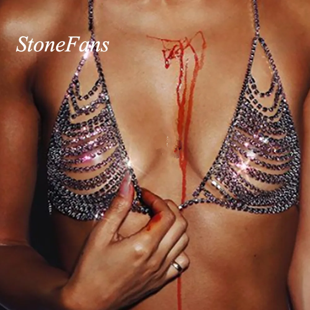 

StoneFans Sexy Rhinestone Body Chain Jewelry Bra for Women Night Club Bikini Crystal Bra Chain Hollow Harness Statement Necklace